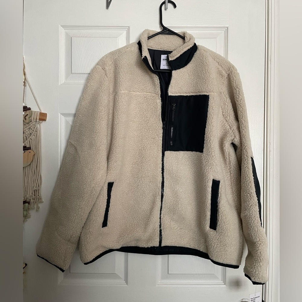 NWT Sonoma Men's Black and Cream Fleece Teddy Sherpa Jacket size Large Supersoft